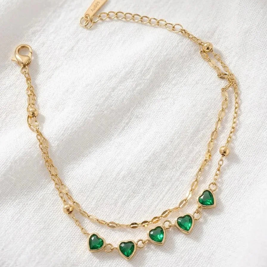 Emerald Hearts Layered Bracelet